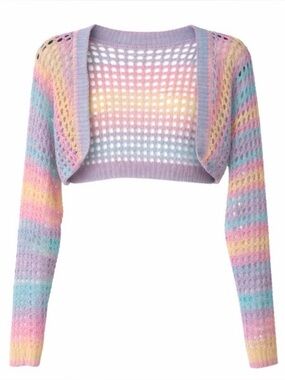 Rainbow Crochet Knit Bolero Open Front Cropped Cardigan Shrug Sweater Dopamine